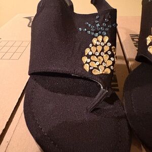 New York Transit Black Sandals with Gold and Blue Embellishments